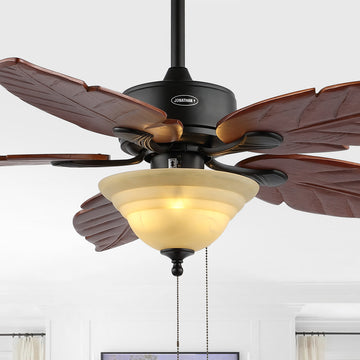 Poinciana 52" Coastal Bohemian Iron/Wood Palm Leaf LED Ceiling Fan with Pull Chain - JONATHAN Y